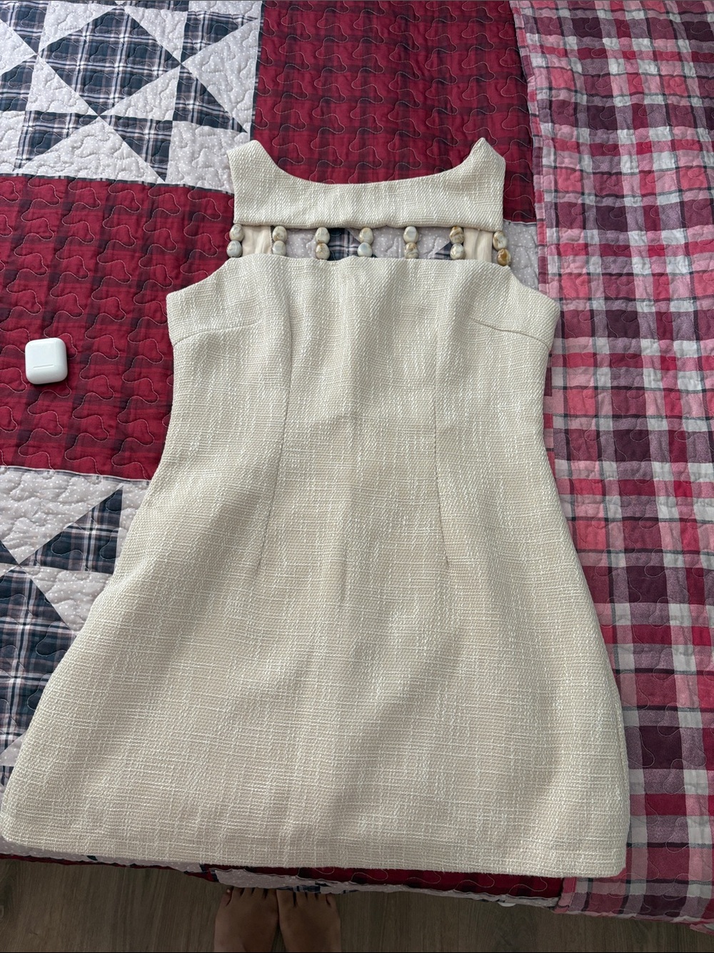 SHEIN Cream Textured Sleeveless Mini Dress with Bead Accent